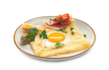 Delicious crepe with egg, bacon, olives and green peas isolated on white
