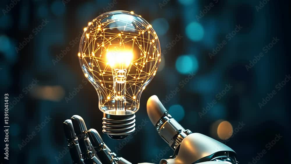 Aufkleber a metallic robot hand cradles a transparent lightbulb filled with glowing, interconnected networks, 