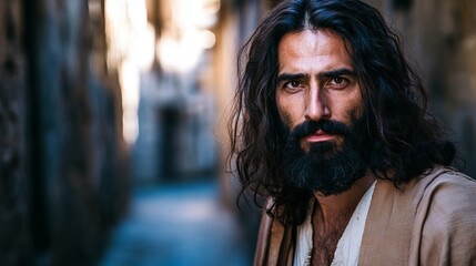 Obraz premium Jesus christ portrait depiction with long hair and beard in ancient biblical middle eastern setting outdoors