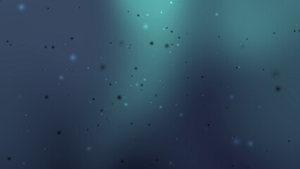 Dark teal background features small black and bright particles
