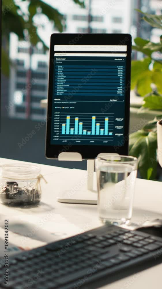 Poster vertical video modern workspace with analytical data dashboards displayed on devices in bright offic