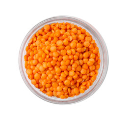 Raw lentils in glass jar isolated on white, top view