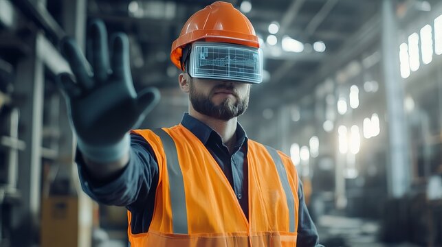 Construction worker using augmented reality headset for industrial design and engineering project