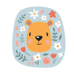 Cute lion with flowers. Modern vector illustration. Jungle life clipart. Vector illustration. Funny doodle animals. 