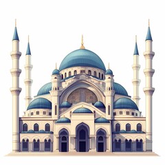 Fototapeta premium Beautiful Islamic Architecture: Ornate Blue Mosque Spires and Dome in Middle Eastern Cityscape