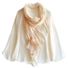 A Soft and Flowy Blouse in Light Silk with White Fringed Scarf Isolated on Transparent Background