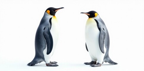 Fototapeta premium Two penguins, one slightly larger, facing different directions on a pure white backdrop , duo, isolated, size