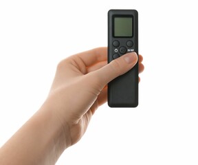 Woman with air conditioner remote control on white background, closeup