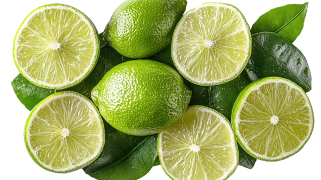 Fresh lime and lemon slices with vibrant green and yellow sections isolated on white background