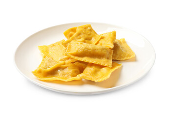 Delicious ravioli on plate against white background