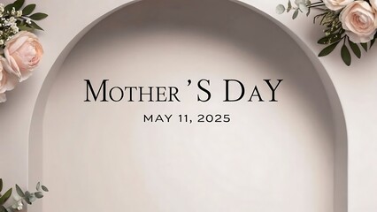 Mother's day greeting card with floral accents and a white arched background for may 11th, 2025