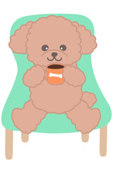 緑の椅子に座ってコーヒーを飲んでいるトイプードルのイラスト　かわいいキャラクターイラスト