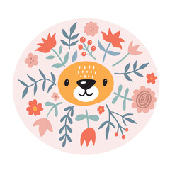 Cute lion with flowers. Modern vector illustration. Jungle life clipart. Vector illustration. Funny doodle animals. 