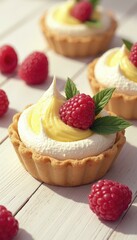 Lemon Raspberry Tarts with Mint on White Wooden Table, Anime Style Illustration