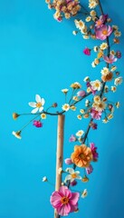 Dried flower garland, delicate blooms, blue background, rustic wooden dowel, delicate, rustic