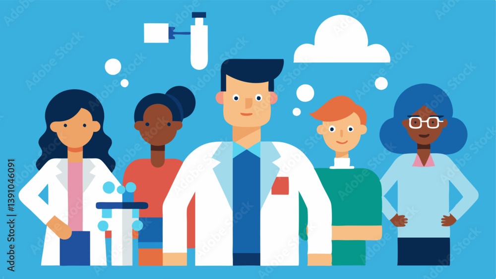 Poster diverse group of scientists a group of scientists in a lab setting where the majority are male figur