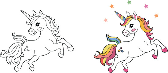 Illustration of a cute baby unicorn cartoon character. Black and white Printable Unicorn coloring page for kids, Bold and Easy Coloring Sheet
