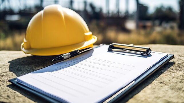 Construction site safety inspection checklist with hard hat and pen for worker planning and documentation