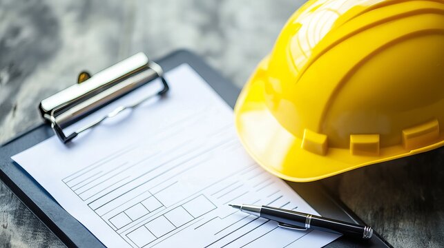 Construction safety report checklist with hard hat and pen for site inspection and compliance review process