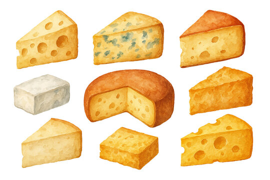 png Cole&ccedil;&atilde;o &uacute;nica de fatias de queijos premium variados em estilo aquarela, representando diversos tipos, isoladas em fundo transparente - Collection of different types of cheese watercolor clipart 