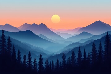 Obraz premium Sunset Serenity: Scenic Landscape of Vibrant Misty Mountains and Silhouetted Pine Trees in a Tranquil Forest Panorama
