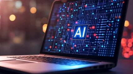 A laptop screen glows interface displaying intricate connections, symbolizing power artificial intelligence. The abstract design suggests data processing , advanced technology softly blurred - Powered by Adobe