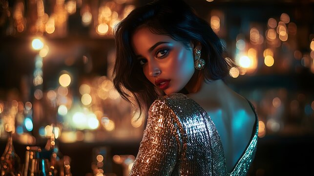 Beautiful woman in sequin dress at bar nightlife portrait photography and fashion model photoshoot image