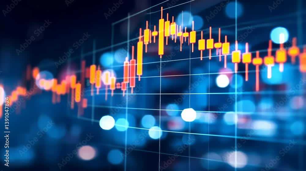 Poster abstract depiction of financial market chart with candlestick patterns against blurred blue backgrou