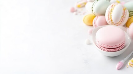 Obraz premium Pastel macarons stacked on a white surface, soft focus with a clean and minimalistic composition, and showcasing delicate French pastries.