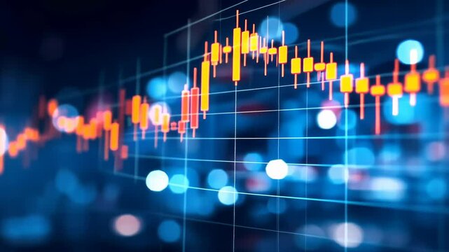 Abstract depiction of financial market chart with candlestick patterns against blurred blue background. Illustrates data analysis , investment trends, suitable for representing economic indicators.