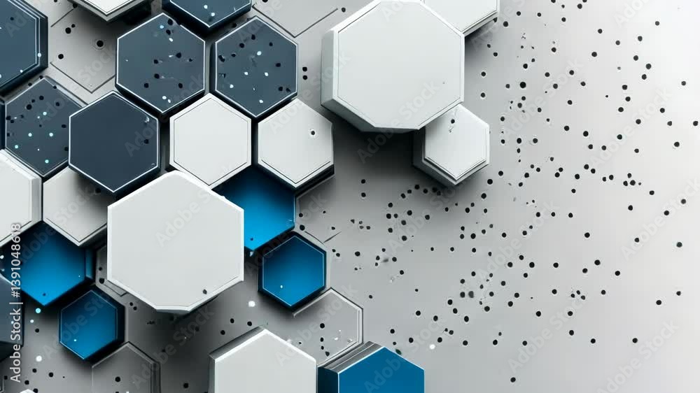 Poster A modern abstract design featuring a network of interconnected hexagonal shapes. The color palette is white and blue, with scattered particles creating a technological and contemporary aesthetic.