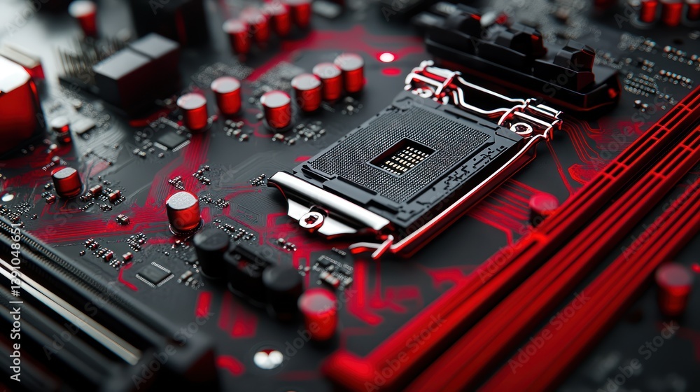 Poster red motherboard cpu socket close-up; tech background; pc building guide
