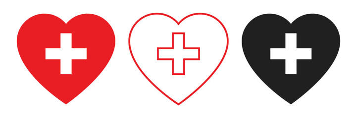 Cross plus heart medical logo icon design template elements. First aid icon in heart outline