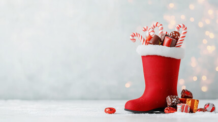 St. nicholas day celebration with red boot filled with candy and gifts