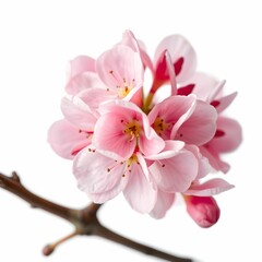 Fototapeta premium Delicate cherry blossom, soft pink petals, macro photography, white background, high detail, sharp focus, botanical illustration, springtime, sakura bloom, branch, flower buds, natural lighting