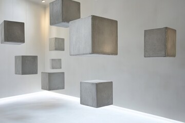 Floating concrete cubes in a minimalist gallery space