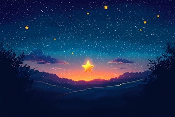 Obraz premium Enchanting Starry Night Sky: Evening Landscape Digital Art of Tranquil Twilight Horizon with Mountains and Bright Stars