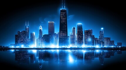 Neon metropolis reflecting on the still waters edge, a futuristic cityscape