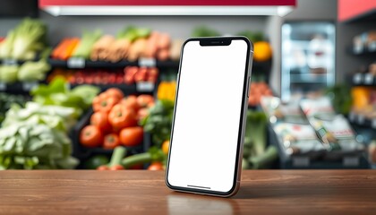 Smartphone on wooden counter, blank white screen, produce market background, colorful fruits and vegetables, blurred grocery store setting