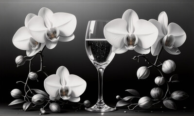 Elegant monochrome still life featuring white orchids surrounding a delicate glass filled with a bubbly drink, all set against a dark backdrop. © joeycheung
