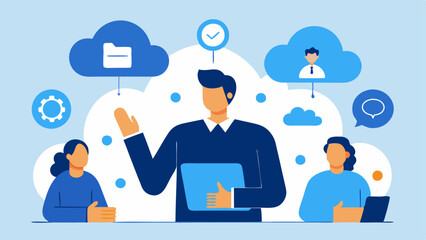 Cloud Storage Solutions A telework facilitator explaining the benefits of cloud storage to a small group of employees with visuals of cloud icons and data security symbols around.