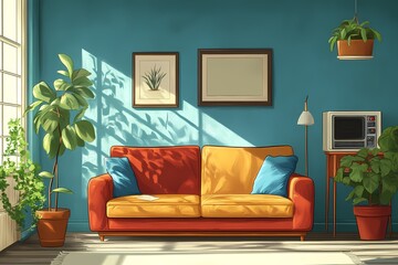 Modern Living Room Interior Decor with Colorful Sofa and Greenery Elements Cozy Home Design and Vibrant Furniture Inspiration