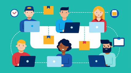 Collaborative Tools Illustrate a group of diverse supply chain managers using collaborative software on laptops communicating with virtual assistants to optimize order fulfillment.