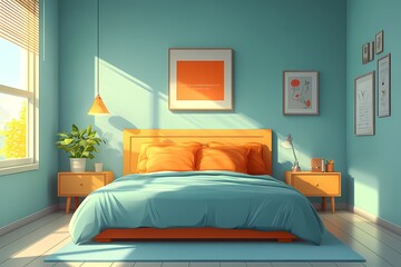 Modern Colorful Bedroom Interior Design with Blue and Orange Decor Featuring Cozy Sunlight and Stylish Wooden Furniture