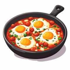 Delicious Shakshuka: Traditional Egg Breakfast Dish with Spicy Tomato Sauce and Fresh Ingredients