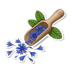 Cornflower petals and mint leaves with wooden scoop sticker