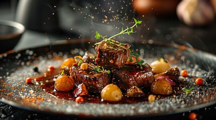Plate of rustic French boeuf bourguignon from Europe with tender beef simmered in red wine styled in a dynamic high resolution traditional gourmet food photography scene