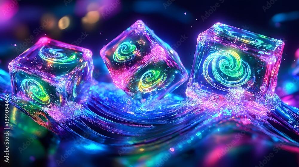 Aufkleber three glowing cubes with swirl patterns on a reflective surface