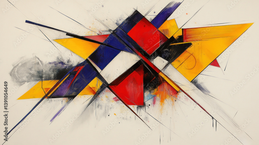 Poster a painting of a colorful abstract design with a yellow triangle. the painting is full of different c