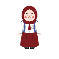 Smiling Girl in Maroon School Uniform and Hijab, Cute Cartoon Illustration